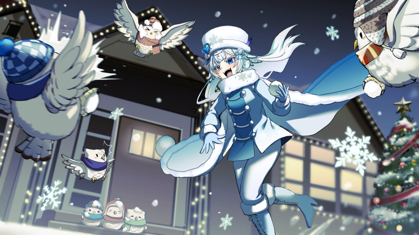 364ing01 :d absurdres bird cape christmas_lights christmas_tree coat commission earmuffs feathers hair_ornament hair_ribbon heterochromia highres indie_virtual_youtuber mikazuki_silvi open_mouth owl owl_girl ribbon scarf skeb_commission smile snowball white_footwear white_hair winter winter_clothes winter_coat