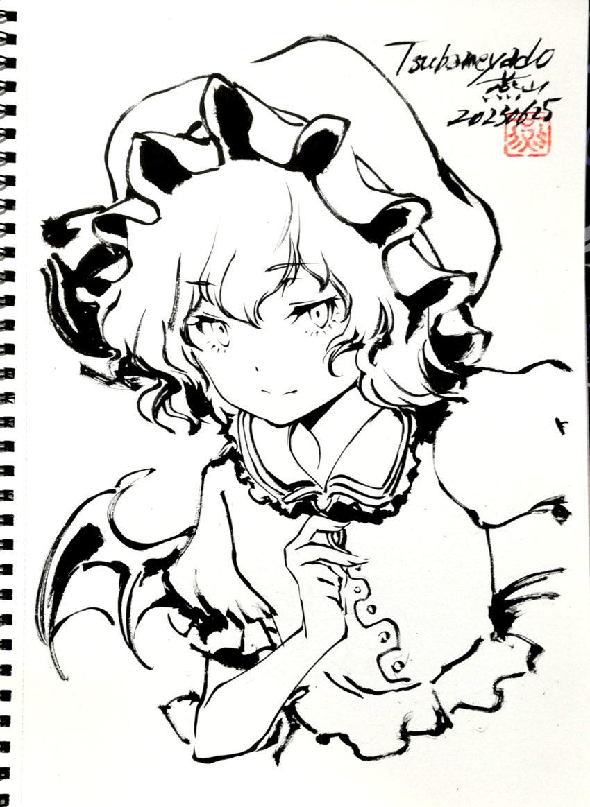 1girl artist_name bat_wings breasts closed_mouth cropped_torso dated frilled_shirt_collar frilled_sleeves frills greyscale hair_between_eyes hat highres lineart looking_at_viewer medium_hair mob_cap monochrome puffy_short_sleeves puffy_sleeves remilia_scarlet shirt short_sleeves signature sketchbook small_breasts solo touhou tsubameyado wings