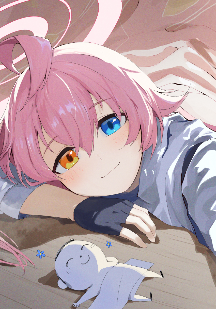 1boy 1girl absurdres ahoge black_gloves blue_archive blue_eyes blush closed_mouth commentary_request doodle_sensei_(blue_archive) fingerless_gloves gloves hair_between_eyes halo heterochromia highres hoshino_(blue_archive) long_hair long_sleeves looking_at_viewer mini_person miniboy pink_hair pink_halo ra_mun5239 sensei_(blue_archive) shirt smile solo white_shirt yellow_eyes