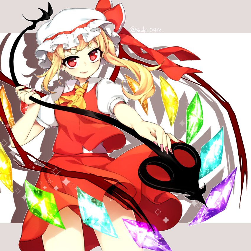 1girl ascot blonde_hair breasts closed_mouth collared_shirt cowboy_shot crystal flandre_scarlet glowing glowing_wings hat hat_ribbon head_tilt highres holding holding_polearm holding_weapon laevatein_(touhou) light_smile looking_at_viewer medium_hair mob_cap multicolored_wings nail_polish one_side_up pink_nails polearm puffy_short_sleeves puffy_sleeves red_eyes red_ribbon red_skirt red_vest ribbon shirt short_sleeves simple_background skirt skirt_set small_breasts solo touhou vest weapon white_background white_headwear white_shirt wings yellow_ascot youji_(ohudousann)