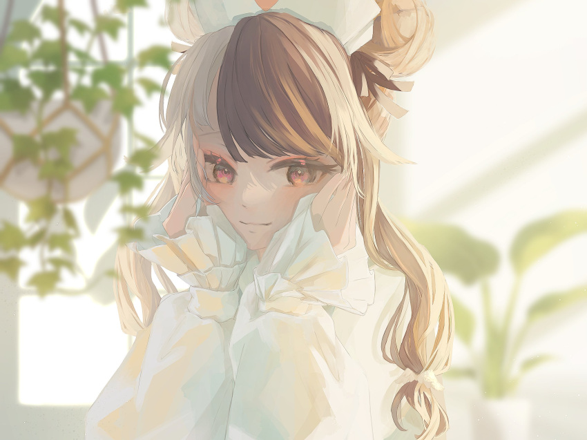 1girl black_hair double_bun dress grey_hair hair_bun hair_ribbon hands_on_own_cheeks hands_on_own_face hat head_rest highres light light_smile long_hair multicolored_hair nijisanji nurse nurse_cap okome_(suihanki216) plant potted_plant red_eyes ribbon sitting solo split-color_hair two-tone_hair upper_body virtual_youtuber white_dress yorumi_rena