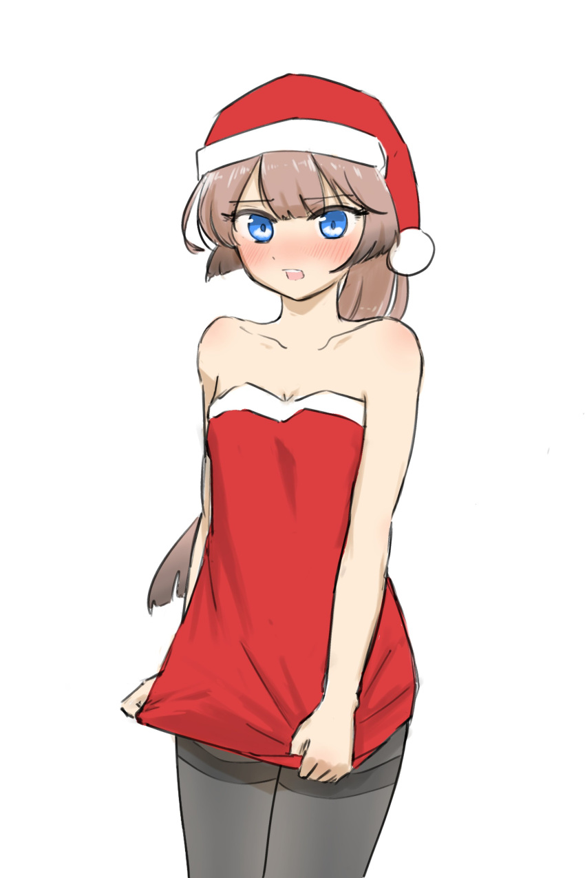 absurdres alternate_costume bare_shoulders black_thighhighs blue_eyes brown_hair collarbone dress fur-trimmed_dress fur-trimmed_headwear fur_trim gradient_hair hat highres kantai_collection kazagumo_(kancolle) long_hair multicolored_hair pantyhose ponytail red_dress red_headwear santa_hat simple_background strapless strapless_dress thigh-highs thighband_pantyhose tsuru_(thunder_tsuru) white_background