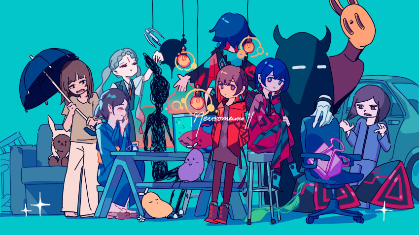 2others 6+girls :&gt; animal_ears arm_on_thigh bar_stool binder_clip blue_eyes blue_hair blue_kimono blue_skirt blue_vest blunt_ends bob_cut boots braid braided_bangs brown_hair brown_shirt car chair colored_inner_hair colored_tips commentary_request couch creature crossed_legs disembodied_limb dress facing_away fagun_yibei fish fish_tank geta green_background grey_hair hair_bun half-closed_eyes hand_on_own_chin hand_to_own_mouth hands_in_pockets hanging_light hastur_(kamitsubaki_studio) highres holding holding_umbrella hood hood_down jacket japanese_clothes kamitsubaki_studio kimono light_bulb long_hair long_skirt long_sleeves medium_hair motor_vehicle multicolored_clothes multicolored_eyes multicolored_hair multicolored_skirt multiple_girls multiple_others multiple_persona office_chair open_clothes open_jacket outstretched_arms picnic_table plant purple_dress purple_hair rabbit_ears red_eyes red_jacket red_skirt redhead rim_(kamitsubaki_studio) samishii_hito_(song) shirt short_dress short_hair short_sleeves side_braid simple_background single_hair_bun sitting skirt smile songover sparkle spread_arms standing stool swept_bangs swivel_chair table turtleneck twintails umbrella vest vines virtual_youtuber wide_shot wide_sleeves yellow_pupils