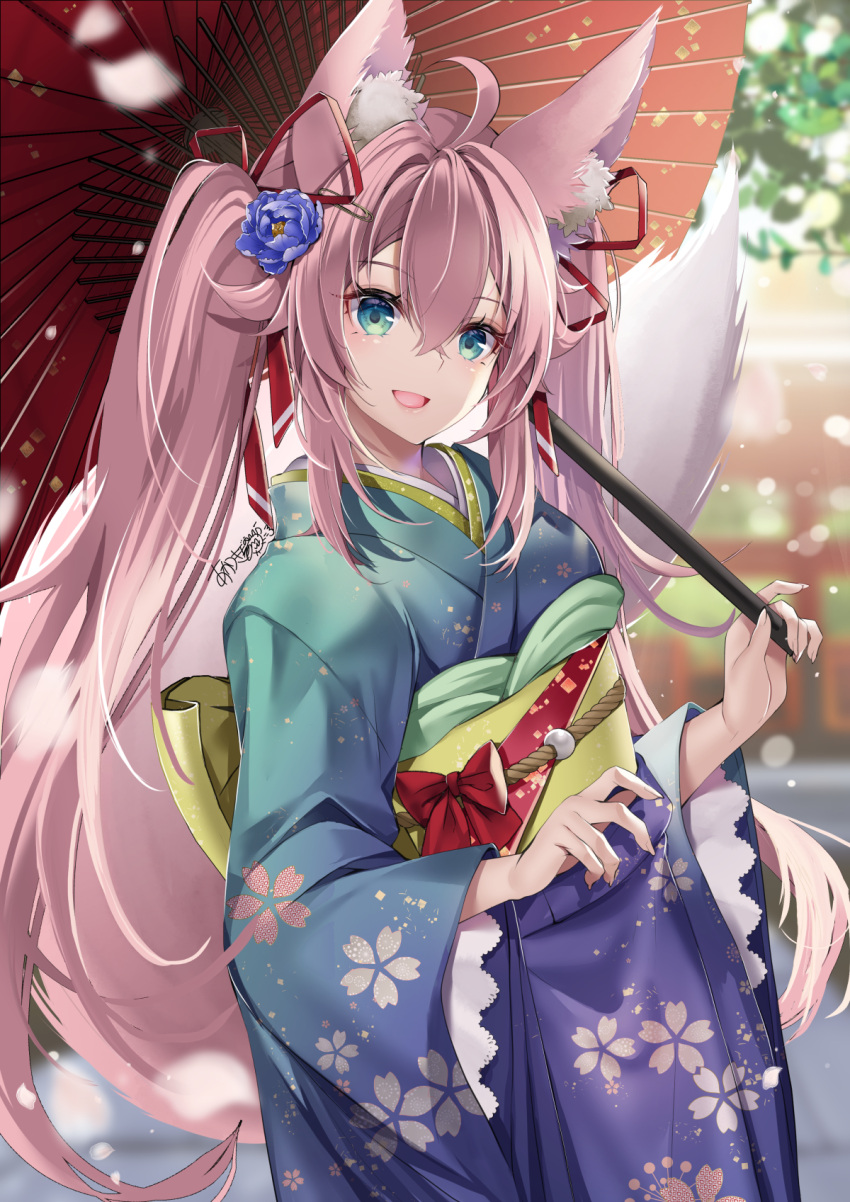 1girl :d ahoge akatsuki_hijiri animal_ear_fluff animal_ears blue_flower blue_kimono blurry blurry_background bow cherry_blossom_print commentary commission cowboy_shot crossed_bangs double-parted_bangs eyelashes floral_print flower fox_ears fox_girl fox_tail green_eyes hair_between_eyes hair_flower hair_ornament hair_ribbon highres holding holding_umbrella indie_virtual_youtuber japanese_clothes kimono kwando long_hair long_sleeves looking_at_viewer oil-paper_umbrella open_mouth outdoors pink_hair red_bow red_ribbon red_umbrella ribbon sidelocks signature skeb_commission smile solo symbol-only_commentary tail tail_raised twintails umbrella very_long_hair virtual_youtuber wide_sleeves