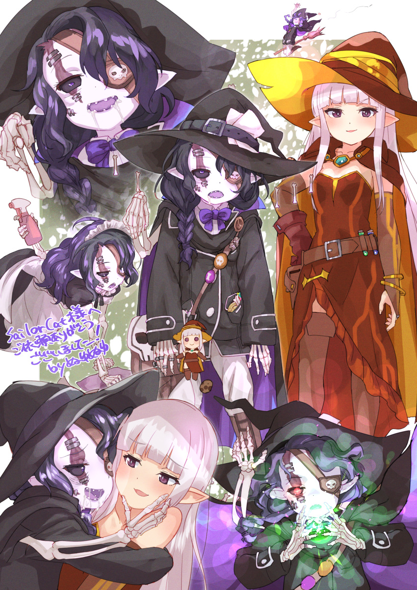 absurdres black_hair black_headwear black_jacket bone bow bowtie braid brown_gloves cartoon_bone colored_skin commission dress eyepatch gloves grey_hair grey_skin hair_over_one_eye hat highres holding ilyana jacket loli long_hair long_sleeves maid monster_girl necromancer nyama original pants pointy_ears puffy_long_sleeves puffy_sleeves purple_bow purple_bowtie red_dress red_headwear single_braid skeb_commission skeletal_arm skeletal_hand stitched_face stitches strapless strapless_dress sweater undead valkrana very_long_hair white_pants witch_hat wizard