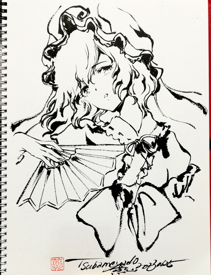 1girl artist_name dated greyscale hand_fan hat head_tilt highres holding holding_fan japanese_clothes kimono lineart looking_at_viewer medium_hair mob_cap monochrome open_mouth saigyouji_yuyuko signature sketchbook solo touhou triangular_headpiece tsubameyado