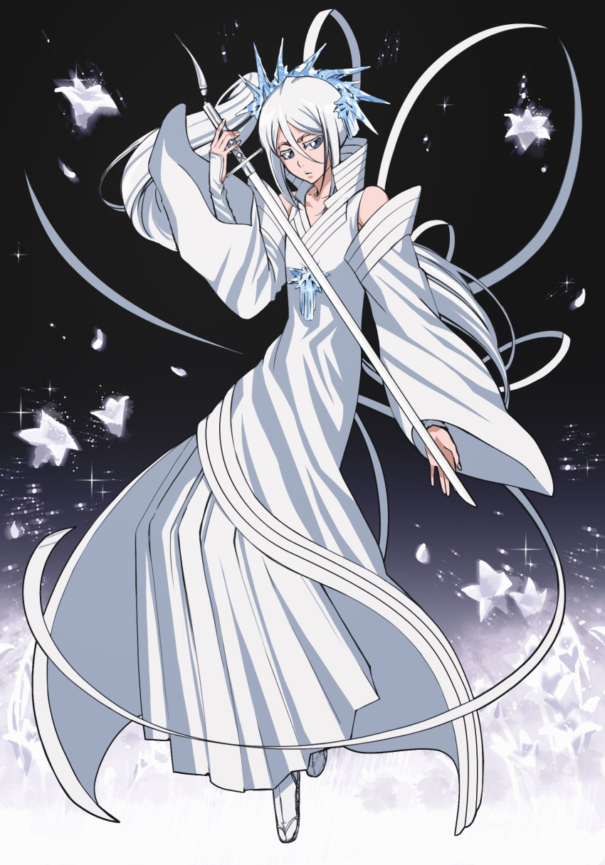 1girl absurdres bankai bare_shoulders black_background bleach bleach:_epilogue bleach:_sennen_kessen-hen blue_eyes closed_mouth collared_dress commentary commission detached_sleeves dress english_commentary expressionless floating_hair full_body hair_between_eyes hakka_no_togame_(bankai) hand_up highres holding holding_sword holding_weapon ice_flower jitome katana kuchiki_rukia long_hair long_ribbon long_sleeves looking_at_viewer official_alternate_hairstyle ribbon rozuberry second-party_source side_ponytail simple_background solo sparkle spoilers sword tabi very_long_hair weapon white_dress white_footwear white_hair white_ribbon white_theme wide_sleeves