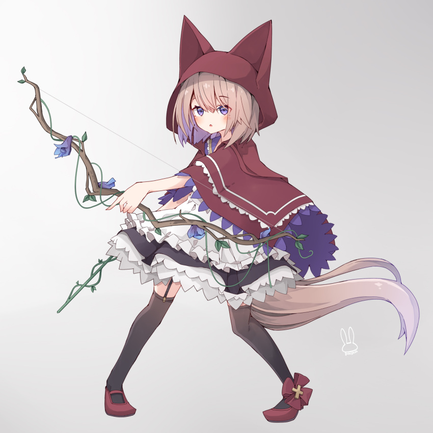 1girl animal_ears arrow_(projectile) black_thighhighs bow_(weapon) brown_hair cloak flower full_body garter_straps grey_background highres holding holding_arrow holding_bow_(weapon) holding_weapon hood hood_up original purple_flower red_cloak simple_background solo tail thigh-highs violet_eyes weapon yukikasa