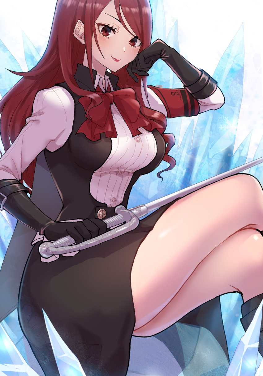 1girl black_gloves bow breasts closed_mouth commentary_request crossed_legs eyelashes gloves highres holding holding_sword holding_weapon ice invisible_chair kirijou_mitsuru kurosususu long_hair persona persona_3 persona_3_reload rapier red_bow red_eyes redhead s.e.e.s sitting smile solo sword weapon white_background