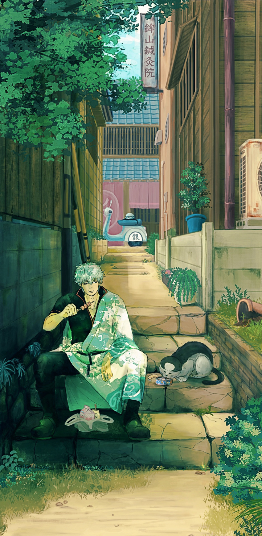 1boy absurdres air_conditioner alley cat commentary dango eating food gintama helmet highres houichi japanese_clothes motor_vehicle outdoors sakata_gintoki scooter shooogun sitting strawberry_milk translation_request wagashi white_hair