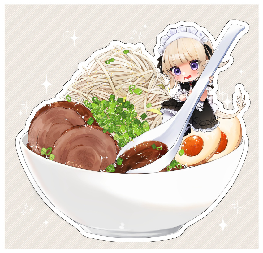 absurdres apron au_ra black_dress blonde_hair bowl chibi chopped_spring_onion dragon_horn dragon_tail dress drooling egg_(food) final_fantasy final_fantasy_xiv flat_chest fliz_ts food frilled_dress frills hair_ribbon highres holding holding_spoon jewelry lower_teeth_only maid maid_apron maid_headdress mini_person minigirl necklace noodles open_mouth ramen ribbon scales scrunchie short_hair signature simple_background sliced_meat spoon tail teeth thigh-highs violet_eyes warrior_of_light_(ff14) white_apron white_headdress white_thighhighs wrist_scrunchie