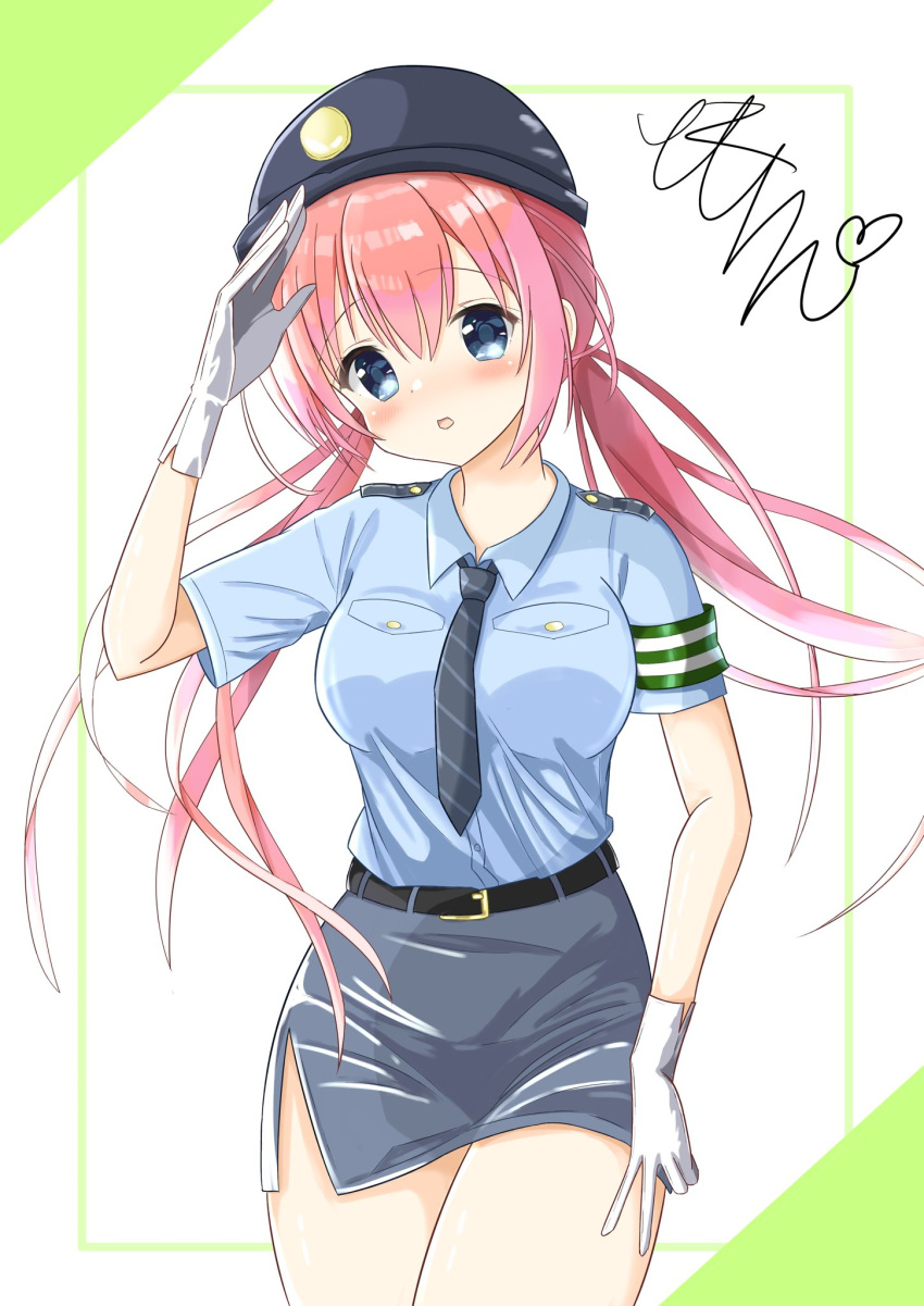 1girl alternate_costume arm_at_side belt black_belt black_skirt blue_eyes blue_shirt blush breasts commentary cowboy_shot floating_hair gloves hair_between_eyes hand_up highres large_breasts long_hair looking_at_viewer low_twintails open_mouth ozato_fumika pencil_skirt police police_uniform policewoman redhead salute shirt short_sleeves signature simple_background skin_tight skirt solo tenshi_souzou_re-boot! tomochin_illust twintails uniform very_long_hair white_background white_gloves