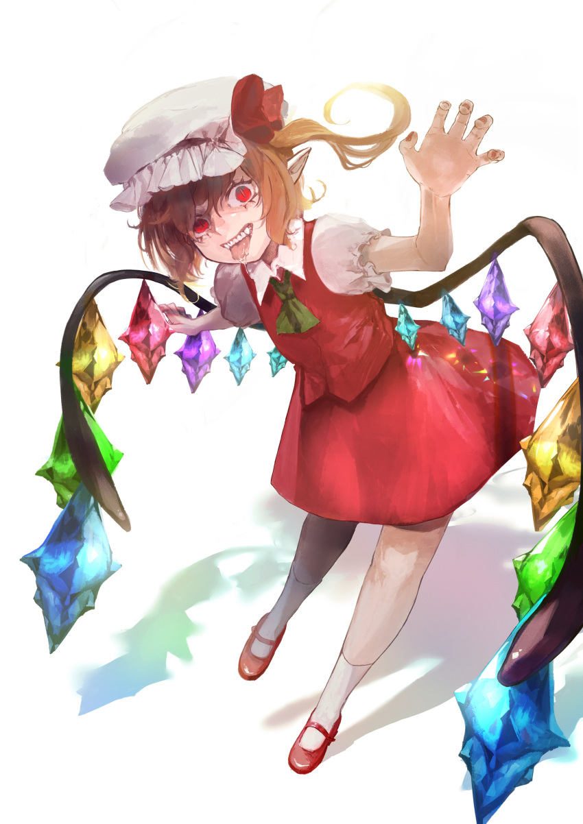 1girl absurdres ascot backlighting bow collared_shirt crazy_eyes crystal flandre_scarlet foreshortening glowing glowing_wings green_ascot hair_bow hat hat_ribbon highres looking_at_viewer mary_janes medium_hair mob_cap multicolored_wings one_side_up pointy_ears puffy_short_sleeves puffy_sleeves red_bow red_eyes red_footwear red_ribbon red_skirt red_vest ribbon saliva shachi_zi shirt shoes short_sleeves simple_background skirt socks solo teeth tongue tongue_out touhou upper_teeth_only vest white_background white_headwear white_shirt white_socks wings
