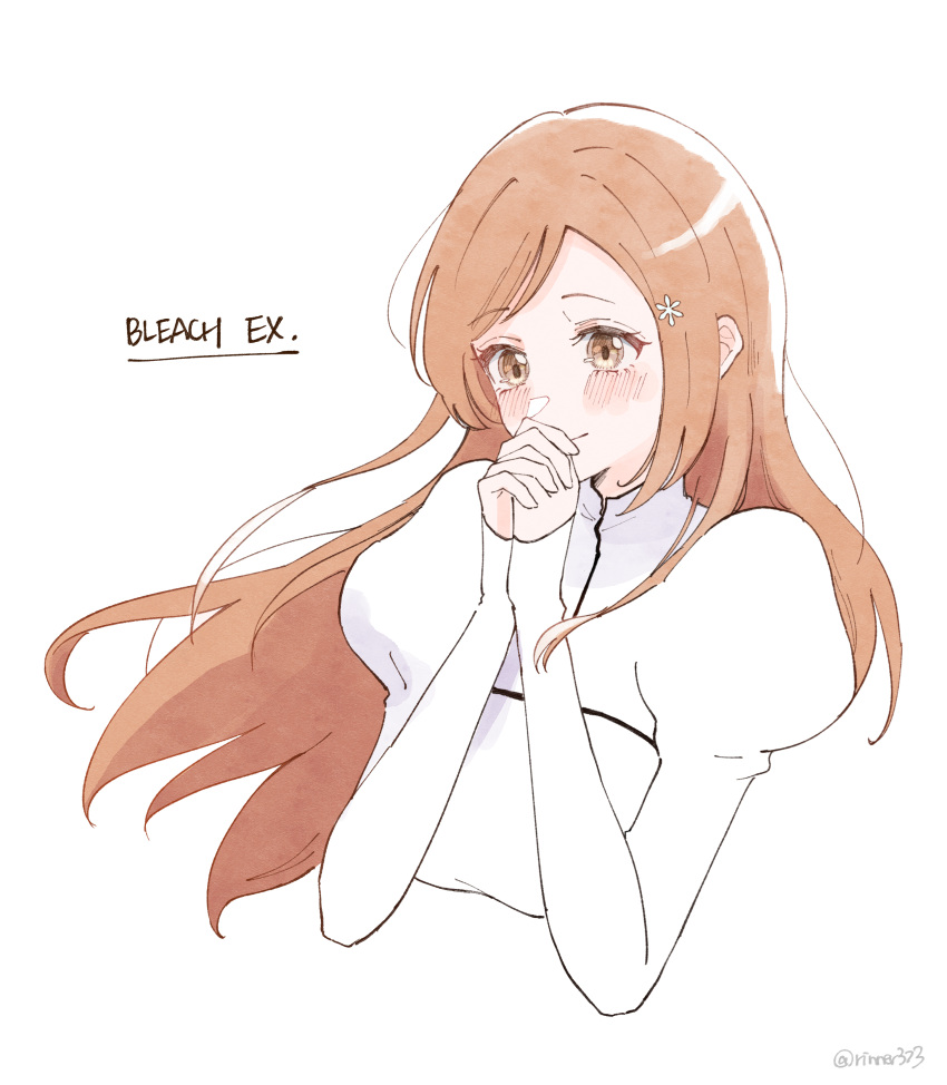 1girl absurdres bleach blush closed_mouth dress hair_ornament hairclip highres inoue_orihime interlocked_fingers long_hair long_sleeves orange_eyes orange_hair own_hands_clasped own_hands_together puffy_sleeves rinner373 solo twitter_username upper_body white_background white_dress