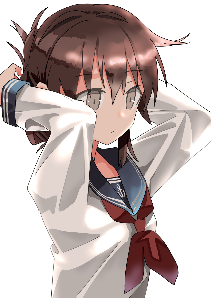1girl absurdres anchor_symbol arms_behind_head black_sailor_collar brown_eyes brown_hair commentary_request folded_ponytail haida_katsuretsu highres inazuma_(kancolle) kantai_collection neckerchief red_neckerchief sailor_collar school_uniform serafuku simple_background solo upper_body white_background