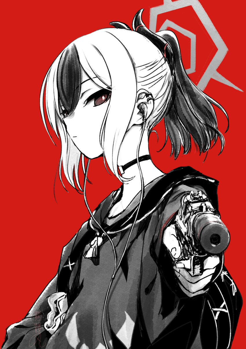 1girl aiming aiming_at_viewer blue_archive choker commentary demon_horns dokuromaru ear_piercing earphones earphones expressionless greyscale_with_colored_background gun halo handgun highres holding holding_gun holding_weapon holster hood hoodie horns kayoko_(blue_archive) looking_at_viewer medium_hair multicolored_hair piercing ponytail red_background sidelocks solo suppressor two-tone_hair weapon