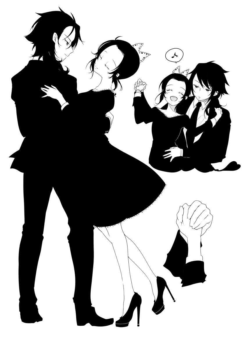 1boy 1girl absurdres blending butterfly_hair_ornament closed_eyes closed_mouth collared_shirt contemporary dancing disembodied_limb dress full_body greyscale hair_ornament halo hand_on_another's_back hand_on_another's_waist hands_up happy heart high_heels highres holding_hands kimetsu_no_yaiba kochou_shinobu laughing long_hair long_sleeves looking_at_another monochrome multiple_views music musical_note necktie open_mouth pants profile sachinyopo shirt simple_background singing smile spoken_musical_note standing standing_on_one_leg stiletto_heels suit tomioka_giyuu updo w_arms