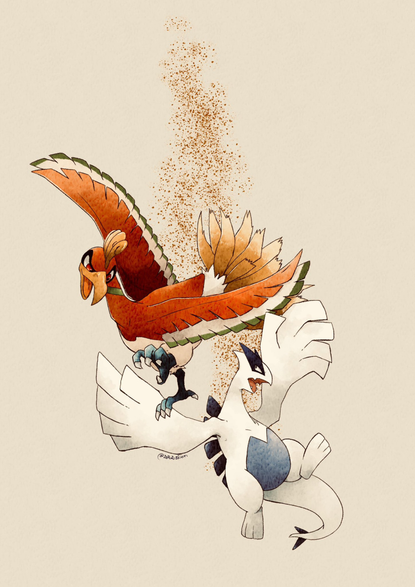 animal_focus artist_name beak bird_tail colored_skin commentary_request fangs feathered_wings highres ho-oh lugia no_humans open_mouth pokemon pokemon_(creature) red_eyes simple_background skin_fangs tail talons twitter_username white_background white_skin wings zozozoshion