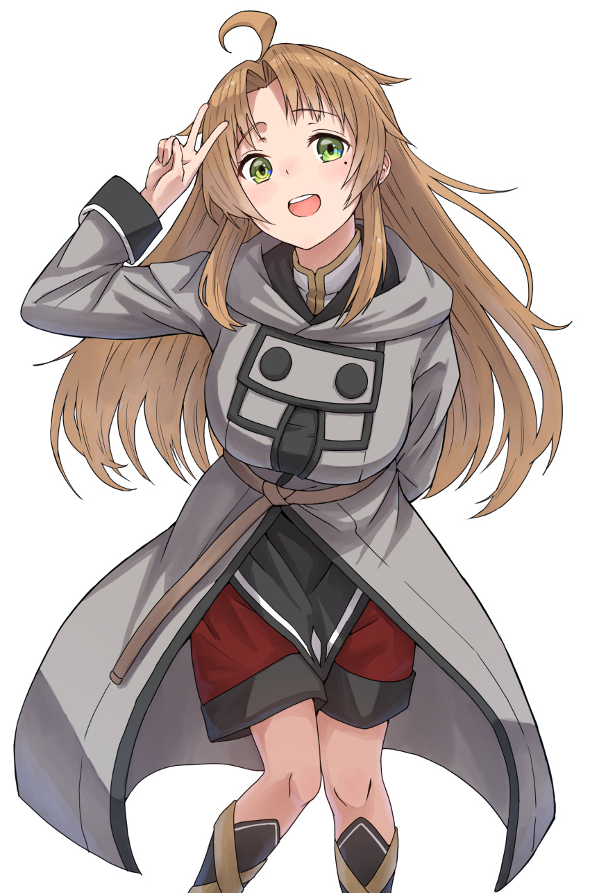 1girl :d ahoge alternate_hair_length alternate_hairstyle arm_behind_back arm_up breasts brown_hair coat commentary_request feet_out_of_frame genderswap genderswap_(mtf) green_eyes grey_coat hand_up highres knees_together_feet_apart large_breasts leaning_forward long_hair long_sleeves looking_at_viewer mole mole_under_eye mushoku_tensei red_shorts rudeus_greyrat shirt shorts simple_background sleeve_cuffs smile standing syagare v v_over_head white_background white_shirt
