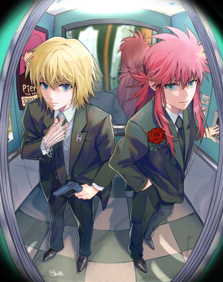 2boys absurdres adjusting_clothes adjusting_necktie black_footwear black_jacket black_necktie black_pants blonde_hair blue_eyes chain closed_mouth collared_shirt creator_connection elevator fisheye flower formal from_above from_outside full_body gun hair_between_eyes hand_up highres hisoka_morow holding holding_gun holding_weapon hunter_x_hunter jacket jewelry kurama_(yu_yu_hakusho) kurapika long_hair long_sleeves looking_at_viewer male_focus minato_x3710 mirror multiple_boys multiple_rings necktie open_door pants ponytail poster_(object) red_flower red_rose redhead reflection ring rose shirt shoes short_hair side-by-side sidelocks signature standing suit tile_floor tiles togashi_yoshihiro_(character) weapon white_shirt yu_yu_hakusho