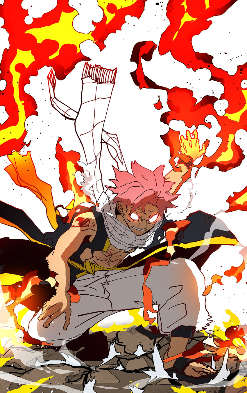 1boy abs absurdres angry arm_up blank_eyes closed_mouth coat crack cracked_floor fairy_tail fire flaming_hand floating_clothes floating_hair forehead glowing glowing_eyes grey_coat highres isaacchief300 magic male_focus natsu_dragneel on_one_knee open_clothes open_coat open_hand pants parted_lips pink_hair pyrokinesis sandals scarf short_hair sleeveless sleeveless_coat smoke solo spiky_hair tattoo teeth toeless_footwear toenails toned underwear white_background white_pants white_scarf yellow_trim