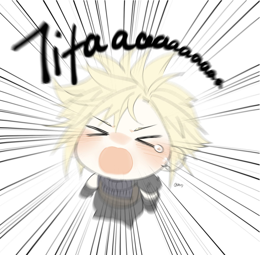 &gt;_&lt; 1boy armor black_gloves blonde_hair blush chibi closed_eyes cloud_strife commentary duoj_ji emphasis_lines final_fantasy final_fantasy_vii final_fantasy_vii_rebirth final_fantasy_vii_remake from_above full_body gloves highres motion_blur open_mouth ribbed_sweater screaming short_hair shoulder_armor single_bare_shoulder single_tear sleeveless sleeveless_turtleneck solo spiky_hair sweater turtleneck turtleneck_sweater twitter_username