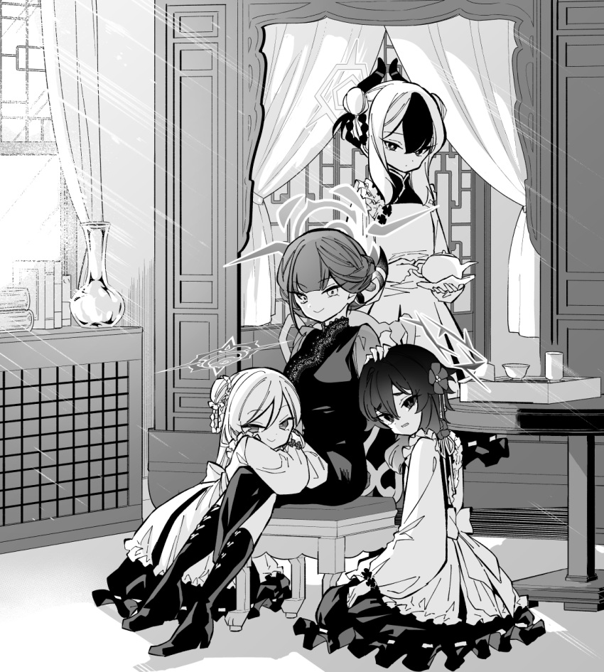 4girls aru_(blue_archive) blue_archive book cup curtains double_bun expressionless flower greyscale hair_bun hair_flower hair_ornament halo hand_on_another's_head haruka_(blue_archive) highres holding holding_teapot horns indoors kayoko_(blue_archive) looking_at_viewer monochrome multiple_girls mutsuki_(blue_archive) nogiwa_kaede official_alternate_costume official_alternate_hairstyle problem_solver_68_(blue_archive) smile teacup teapot vase
