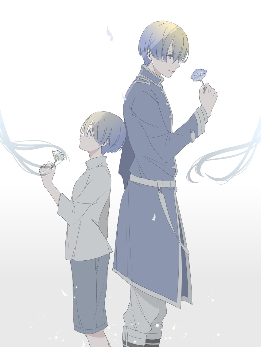 2boys absurdres aged_down back-to-back blue_flower blue_hair blue_jacket child dual_persona feet_out_of_frame floating_hair flower frieren grey_shirt grey_shorts hand_up highres himmel_(sousou_no_frieren) holding holding_flower jacket long_hair long_sleeves looking_ahead looking_at_another looking_at_hand male_focus mole mole_under_eye multiple_boys out_of_frame pants petals sachinyopo shirt short_hair shorts simple_background smile sousou_no_frieren standing sunlight white_background white_flower white_pants
