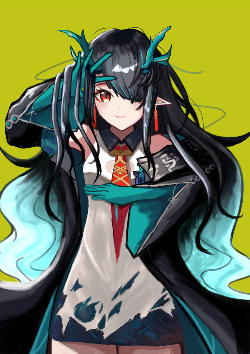 1girl absurdres aqua_hair arknights bare_shoulders black_hair black_jacket breasts collared_dress colored_inner_hair colored_skin commentary_request dragon_girl dragon_horns dress dusk_(arknights) earrings green_horns green_skin hair_over_one_eye highres holding holding_hair horns jacket jewelry leansdsd long_hair looking_at_viewer multicolored_hair necktie pointy_ears red_eyes red_necktie simple_background smile solo streaked_hair tassel tassel_earrings white_dress yellow_background