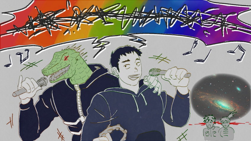 1girl 3boys aikawa_(dorohedoro) animal_head bad_singing black_hair blood_from_ears caiman_(dorohedoro) closed_eyes colored_tips couple doodle_inset dorohedoro facial_mark galaxy gibberish_text hand_on_another's_shoulder highres jacket jade_drop male_focus medium_sideburns microphone motion_lines multicolored_hair multiple_boys muscular muscular_male music musical_note nikaidou_(dorohedoro) no_eyebrows partially_colored rainbow_gradient risu_(dorohedoro) singing thick_eyebrows upper_body