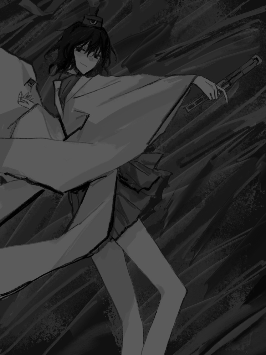 1other androgynous closed_mouth commentary_request feet_out_of_frame greyscale h9ef1 hakama hakama_short_skirt hakama_skirt hat highres holding japanese_clothes len'en long_sleeves monochrome other_focus senri_tsurubami short_hair skirt smile solo tate_eboshi wide_sleeves