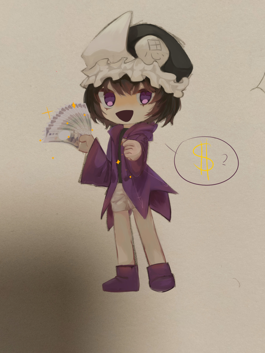 1other absurdres androgynous black_hair black_headwear black_shirt chibi coat dollar_sign frilled_hat frills hat highres holding holding_money hood hood_down hooded_coat len'en long_sleeves mixed_media money no_nose open_mouth other_focus purple_coat purple_footwear shirt shitodo_kuroji shorts smile solo spoken_dollar_sign sryou548 violet_eyes white_shorts wide_sleeves