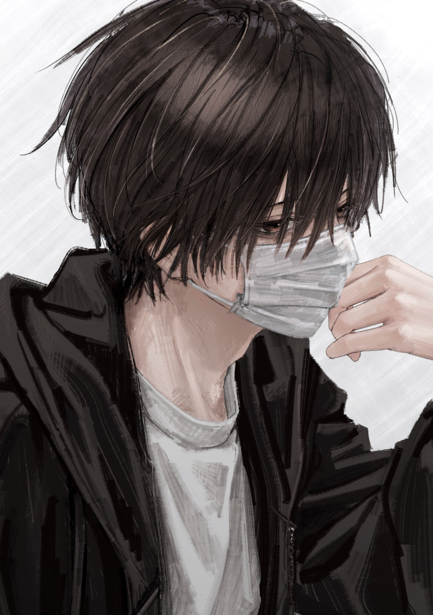 1boy absurdres black_hair black_jacket brown_eyes hair_between_eyes highres hood hood_down hooded_jacket imai_akira jacket long_sleeves male_focus mask mouth_mask open_clothes open_jacket original shirt simple_background solo surgical_mask upper_body white_mask white_shirt
