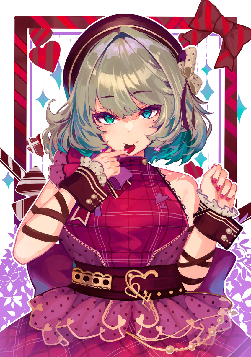 1girl arm_ribbon belt blue_eyes blush bow breasts brown_belt brown_headwear brown_ribbon brown_wrist_cuffs clenched_hand dot_nose dress earrings finger_to_mouth green_eyes green_hair hair_bow hair_ribbon hands_up hat heart heart_earrings heterochromia highres idolmaster idolmaster_cinderella_girls idolmaster_cinderella_girls_starlight_stage jewelry layered_dress looking_at_viewer medium_breasts mole mole_under_eye mouth_hold multicolored_background nail_polish pink_nails polka_dot polka_dot_ribbon red_dress red_ribbon ribbon shiokonbu short_hair single_bare_shoulder sleeveless sleeveless_dress smile solo sparkle striped_ribbon takagaki_kaede upper_body
