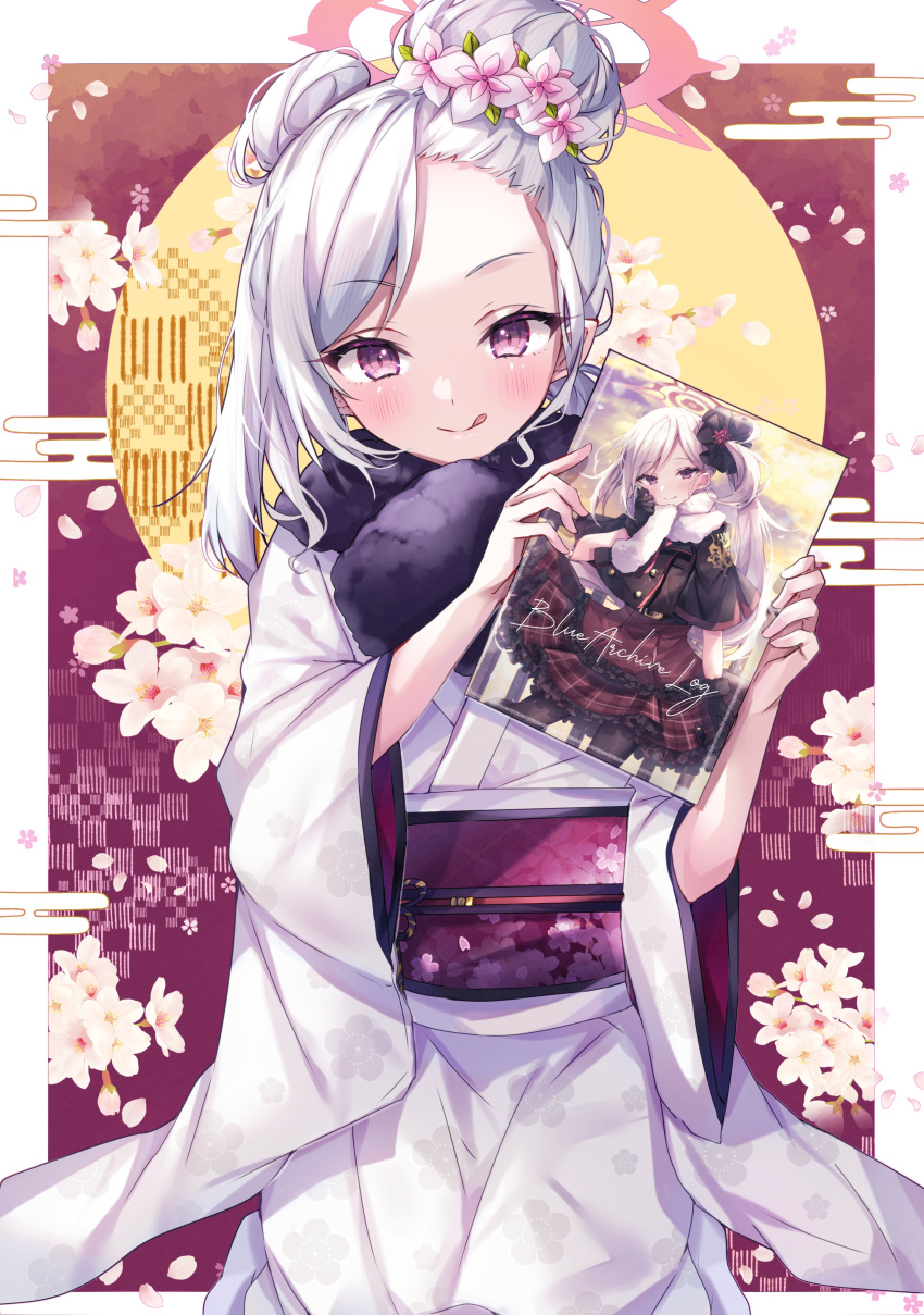 1girl absurdres black_scarf blue_archive blush book closed_mouth egasumi flower grey_hair hair_flower hair_ornament highres holding holding_book japanese_clothes kimono long_hair long_sleeves looking_at_viewer multiple_views mutsuki_(blue_archive) mutsuki_(new_year)_(blue_archive) obi official_alternate_costume official_alternate_hairstyle petals pink_eyes pink_flower sash scarf smile sorashima_(117) tongue tongue_out white_flower white_kimono wide_sleeves