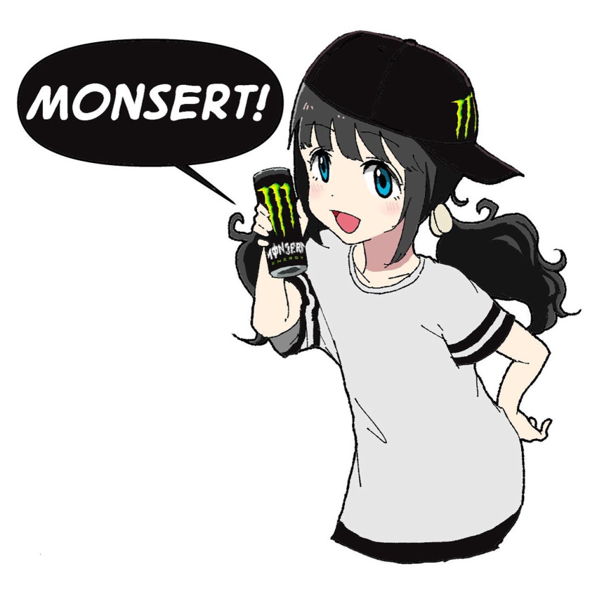 1girl aiu404l black_hair blue_eyes can egg_(aiu404l) energy_drink english_commentary english_text hair_ornament hand_on_own_hip highres holding long_hair looking_at_viewer low_twintails monster_energy open_mouth original shirt short_sleeves smile solo twintails white_background