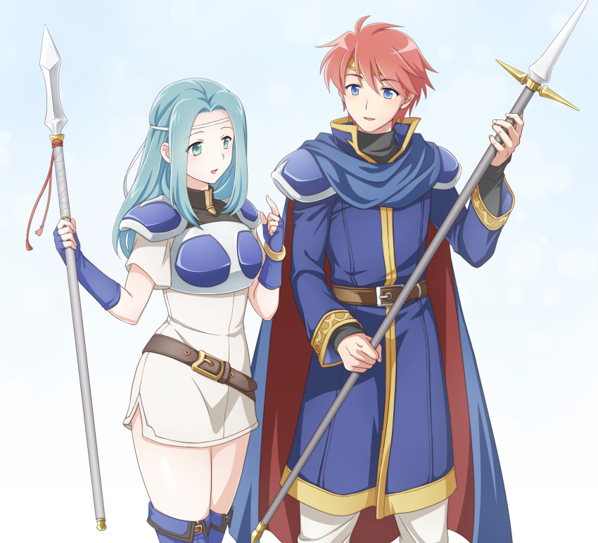 1boy 1girl aqua_hair armor blue_eyes blue_footwear blue_gloves boots breastplate cape commentary_request dress eliwood_(fire_emblem) fingerless_gloves fiora_(fire_emblem) fire_emblem fire_emblem:_the_blazing_blade gloves ham_pon headband highres holding holding_polearm holding_weapon long_hair long_sleeves pegasus_knight_uniform_(fire_emblem) polearm redhead short_dress short_hair short_sleeves side_slit simple_background smile thigh_boots weapon white_dress