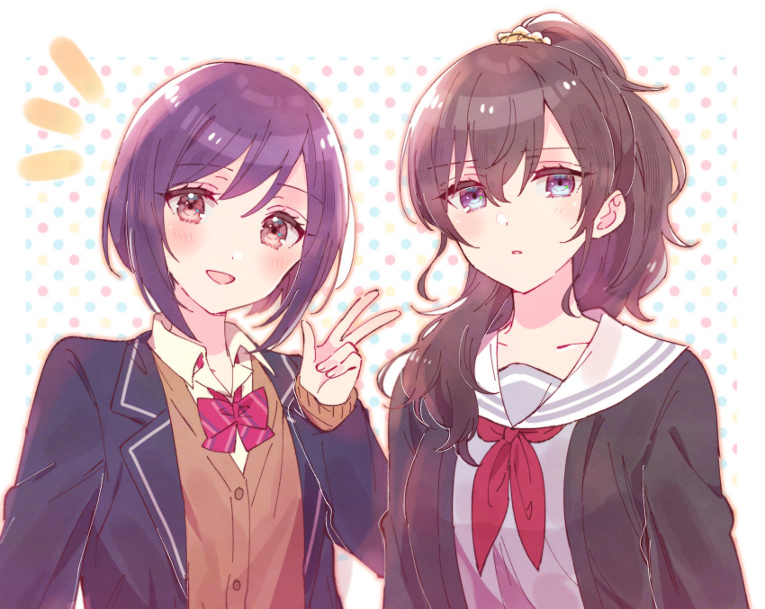 2girls :d black_hair black_jacket blazer blush brown_cardigan brown_eyes cardigan collared_shirt grey_shirt hair_between_eyes hair_color_switch hair_over_shoulder hand_up highres jacket long_hair long_sleeves multicolored_polka_dots multiple_girls neckerchief notice_lines open_clothes open_jacket polka_dot polka_dot_background project_sekai purple_hair red_neckerchief sailor_collar shinonome_ena shirt simple_background sleeves_past_wrists smile sorimachi-doufu upper_body v violet_eyes white_background white_sailor_collar white_shirt