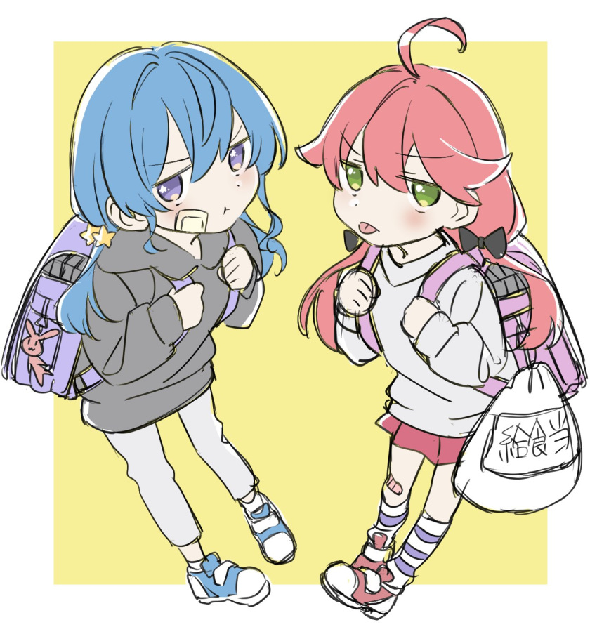 2girls :t aged_down ahoge alternate_costume ankle_socks asymmetrical_sidelocks backpack bag bandaid bandaid_on_face bandaid_on_leg black_bow black_hoodie blue_hair blush bow closed_mouth commentary_request dot_nose double-parted_bangs furrowed_brow grey_pants hair_between_eyes hair_bow hair_ornament highres holding_strap hololive hood hoodie hoshimachi_suisei kneehighs long_hair long_sleeves looking_at_viewer low_twintails multiple_girls pants pink_bag pink_hair pleated_skirt pouch pout purple_bag purple_socks randoseru red_skirt sakura_miko shoes skirt sneakers socks star_(symbol) star_hair_ornament star_in_eye striped_clothes striped_socks stuffed_animal stuffed_rabbit stuffed_toy sweater symbol_in_eye tongue tongue_out translation_request twintails violet_eyes virtual_youtuber white_socks white_sweater yaya_(pi63925174)
