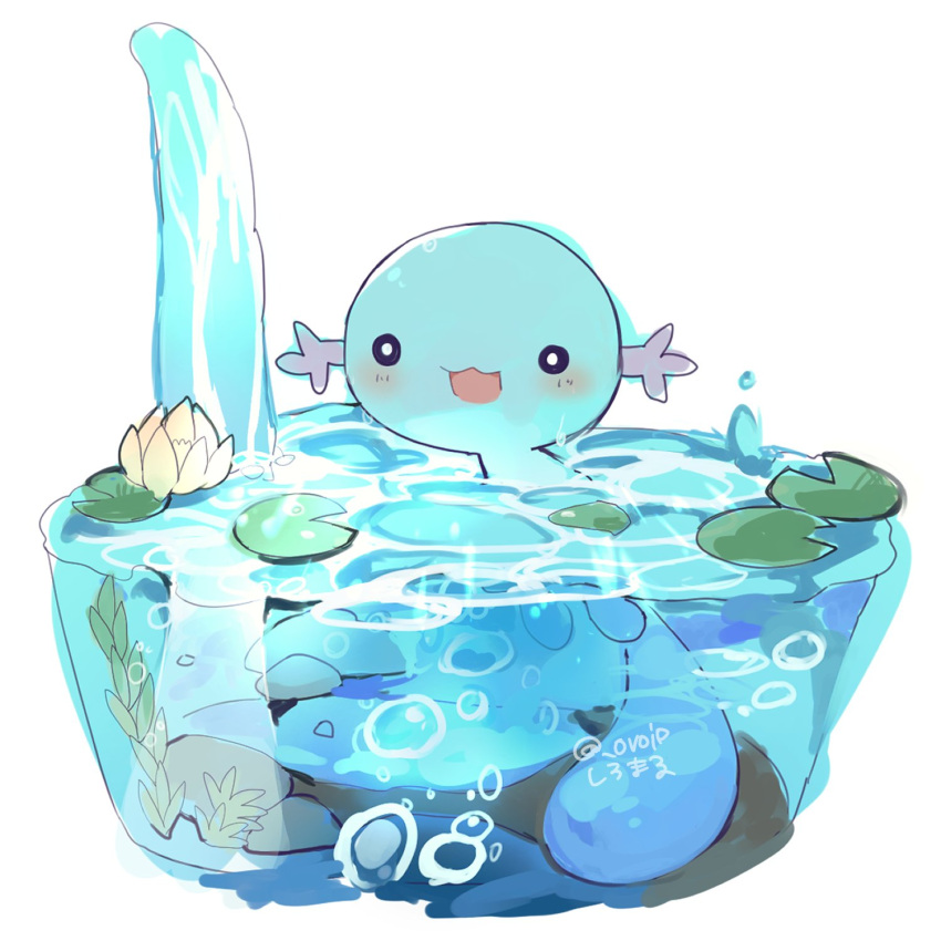 air_bubble animal_focus blue_skin blush bright_pupils bubble colored_skin commentary flower highres in_water lily_(flower) lily_pad no_humans open_mouth ovoip pokemon pokemon_(creature) pond rock smile solo swimming water waterfall wet_face white_background wooper