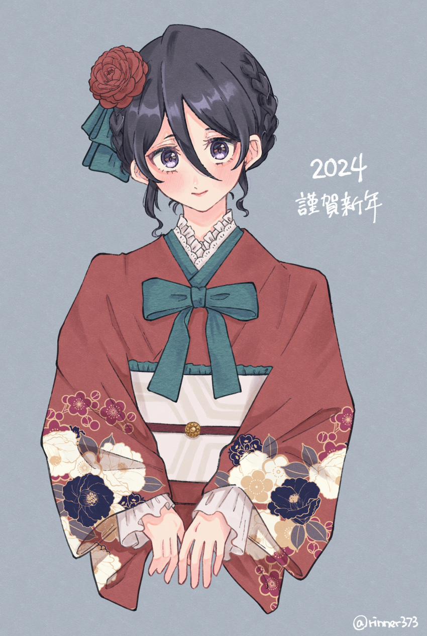 1girl 2024 absurdres alternate_costume alternate_hairstyle black_hair bleach closed_mouth floral_print floral_print_kimono flower hair_between_eyes hair_flower hair_ornament highres japanese_clothes kimono kuchiki_rukia long_sleeves looking_at_viewer red_flower red_kimono rinner373 solo twitter_username upper_body violet_eyes wide_sleeves