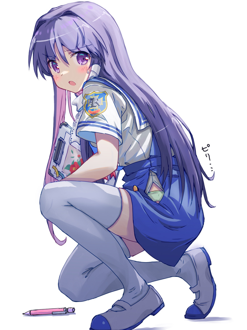 1girl akayama_yukihe blue_skirt blush clannad commentary_request frown fujibayashi_kyou full_body green_panties hair_between_eyes hair_intakes hair_ribbon high-waist_skirt highres hikarizaka_private_high_school_uniform holding holding_notepad kneeling long_hair looking_at_viewer mary_janes notepad open_clothes open_mouth open_skirt panties panty_peek pen purple_hair ribbon school_uniform shirt shoes short_sleeves simple_background skirt solo sound_effects straight_hair summer_uniform suspender_skirt suspenders sweatdrop thigh-highs thighs tress_ribbon underwear very_long_hair violet_eyes white_background white_footwear white_ribbon white_shirt white_thighhighs zettai_ryouiki