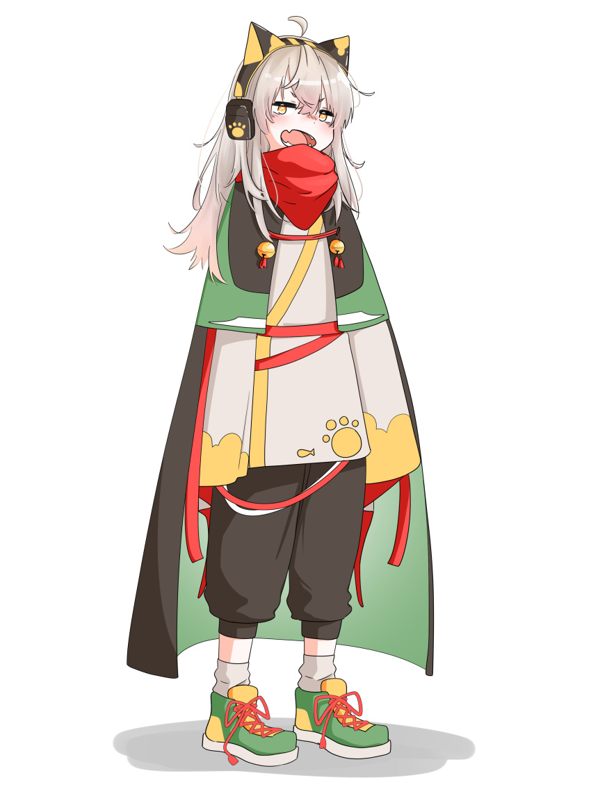 1girl absurdres ahoge animal_ear_headphones animal_ears aoza bell black_pants cape cat_ear_headphones dot_nose fake_animal_ears fang full_body green_cape green_footwear grey_shirt grey_socks headphones highres jingle_bell long_hair looking_at_viewer open_mouth original pants paw_print red_scarf scarf shadow shirt shoes simple_background sleeves_past_wrists sneakers socks solo standing white_background white_hair yellow_eyes