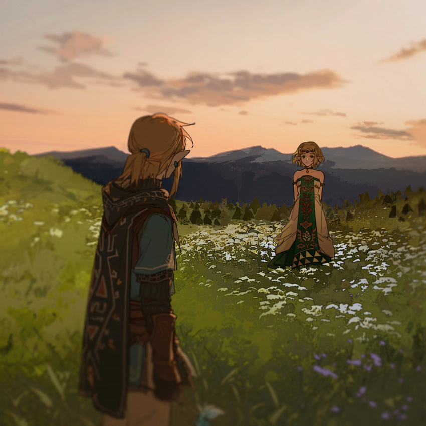 1boy 1girl absurdres armlet blonde_hair blue_tunic cape champion's_tunic_(zelda) choker clouds earrings gloves grass half_updo headdress highres jewelry leather leather_gloves link medium_hair mountainous_horizon necklace outdoors parted_bangs plain pointy_ears princess_zelda short_hair sidelocks smile the_legend_of_zelda the_legend_of_zelda:_tears_of_the_kingdom toga tunic twilight yuno_11_02