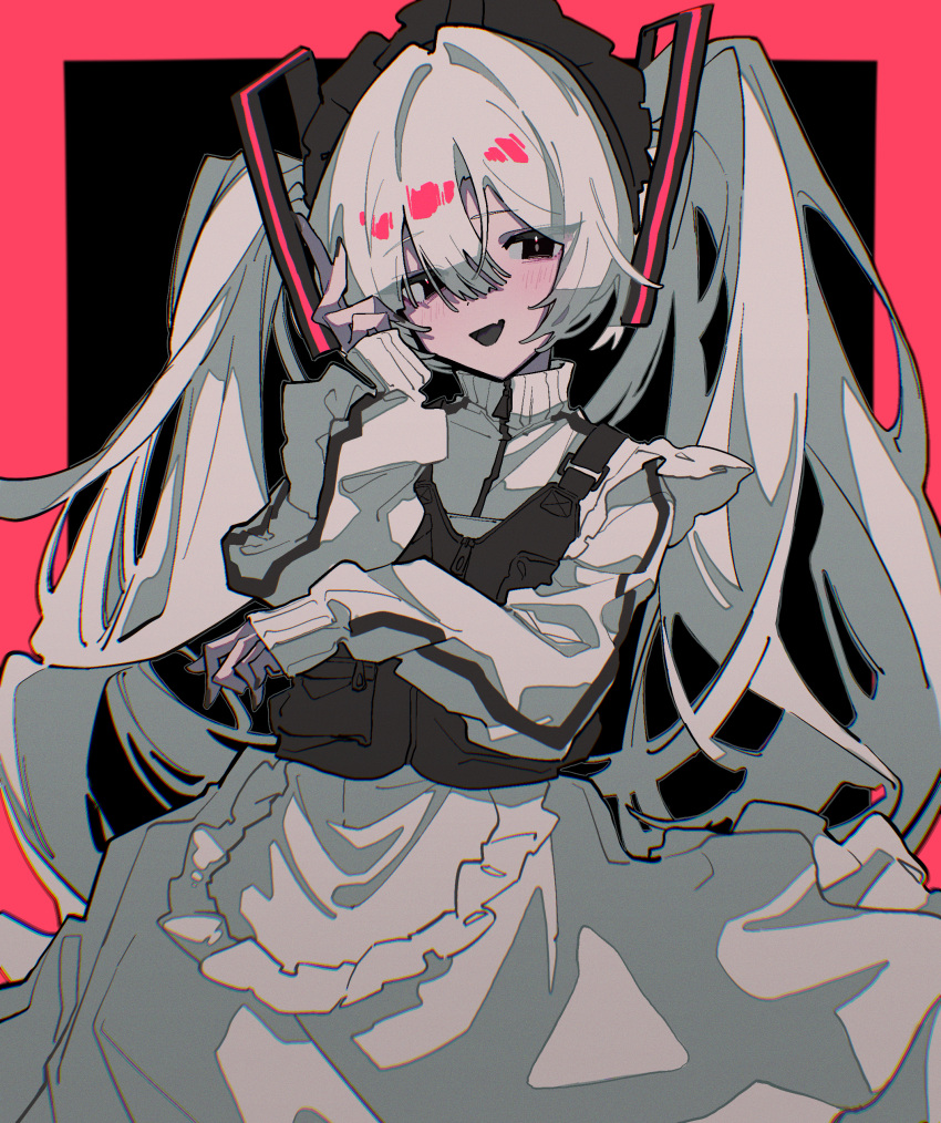 1girl absurdres apron black_eyes black_nails black_vest blush dress full_burrrrrrst hair_between_eyes hatsune_miku highres jacket long_hair looking_at_viewer maid_headdress nail_polish open_mouth simple_background sleeves_past_wrists solo track_jacket twintails two-tone_background very_long_hair vest vocaloid white_apron white_dress white_hair white_jacket