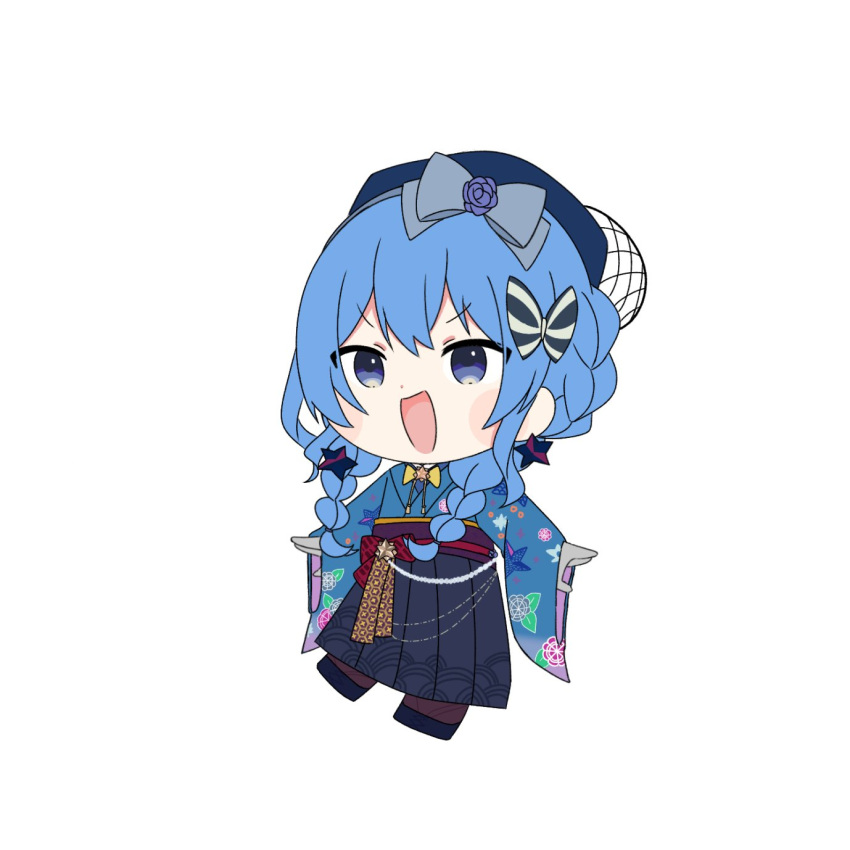 1girl :d beret blue_bow blue_eyes blue_footwear blue_hair blue_hakama blue_headwear blue_kimono blush_stickers bow bowtie braid chibi commentary_request double-parted_bangs earrings fishnets floral_print flower french_braid furrowed_brow giao2_ng gloves grey_gloves hair_bow hair_flower hair_ornament hair_tie hakama hakama_skirt hashtag_only_commentary hat highres hololive hoshimachi_suisei hoshimachi_suisei_(new_year) japanese_clothes jewelry kimono long_hair low_twintails obi official_alternate_costume official_alternate_hairstyle open_mouth pantyhose print_kimono purple_flower purple_obi purple_pantyhose red_bow sash seigaiha sidelocks simple_background skirt smile star_(symbol) star_earrings star_ornament star_print striped_bow tassel twin_braids twintails virtual_youtuber waist_bow white_background white_bow yellow_bow yellow_bowtie