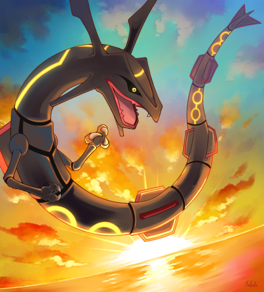 black_sclera claws clouds colored_sclera commentary_request dragon eastern_dragon fang highres looking_down no_humans open_mouth outdoors pokemon pokemon_(creature) rayquaza signature sky solo sun sunset taketori_subalu twilight yellow_eyes