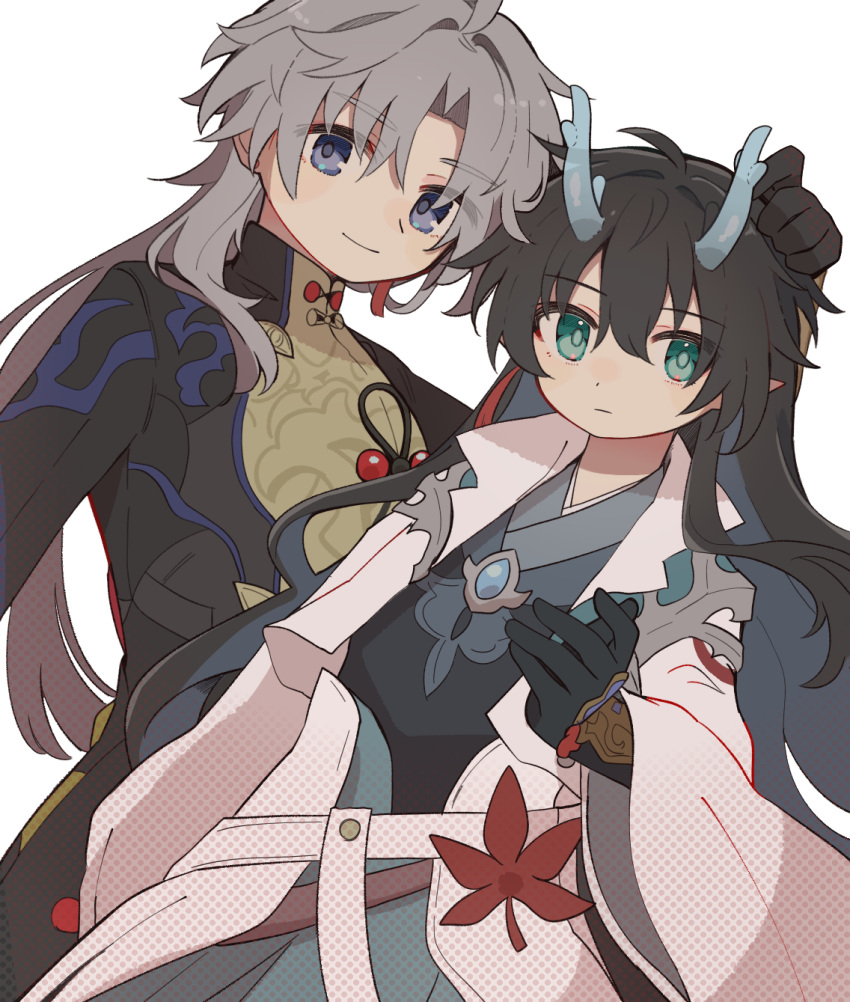 2boys ahoge aqua_eyes aqua_horns arm_at_side beads black_coat black_gloves black_shirt blue_eyes blue_gemstone brooch closed_mouth coat collared_coat collared_shirt colored_inner_hair commentary_request cropped_jacket dan_feng_(honkai:_star_rail) dan_heng_(honkai:_star_rail) dan_heng_(imbibitor_lunae)_(honkai:_star_rail) dot_nose dutch_angle expressionless eyes_visible_through_hair gem gloves grey_hair hand_on_another's_head hand_up hara_(nanohara) high_collar highres honkai:_star_rail honkai_(series) horns jacket jewelry lapels leaf long_hair long_sleeves looking_at_viewer male_focus maple_leaf multicolored_hair multiple_boys open_clothes open_jacket parted_bangs ponytail shirt simple_background smile very_long_hair white_background white_jacket yellow_shirt yingxing_(honkai:_star_rail)
