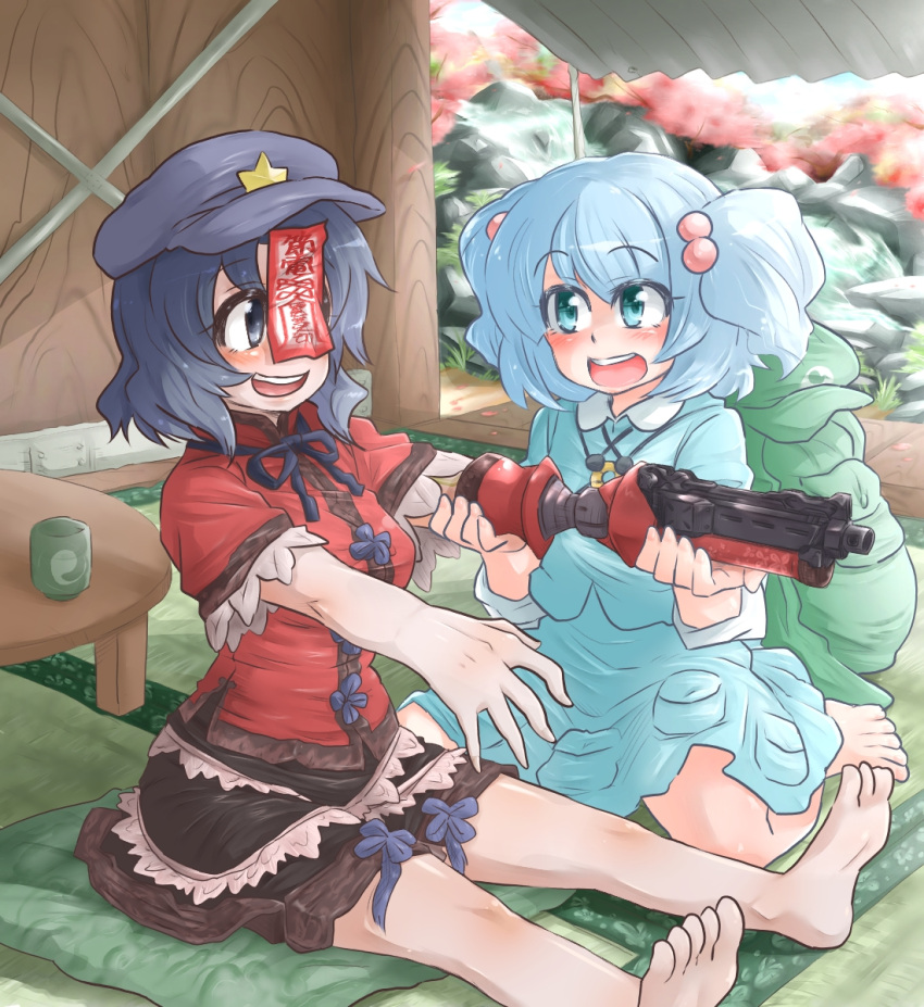 2girls arm_cannon arm_mounted_weapon backpack bag barefoot black_eyes black_ribbon black_skirt blue_eyes blue_hair blue_shirt blue_skirt blush breasts cabbie_hat chinese_clothes collared_shirt commentary_request cup fingernails full_body grey_hair gun hair_bobbles hair_ornament hat hat_ornament highres holding_another's_arm indoors jiangshi kawashiro_nitori key long_sleeves looking_at_another medium_bangs medium_breasts miyako_yoshika multiple_girls neck_ribbon no_headwear ofuda open_mouth outstretched_arms pale_skin pocket prosthesis prosthetic_arm purple_headwear red_shirt ribbon shirt short_hair short_sleeves sitting skirt skirt_set smile star_(symbol) star_hat_ornament tangzhuang tatami teeth tobatoinu touhou two_side_up upper_teeth_only weapon yunomi zombie_pose