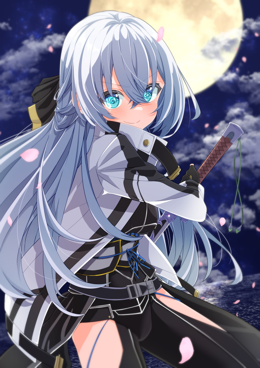 1girl black_gloves blue_eyes cherry_blossoms clothing_cutout clouds coat commission double-parted_bangs eiyuu_densetsu falling_petals fingerless_gloves floating_hair full_moon gloves godai_01 hair_between_eyes half_updo highres holding holding_sword holding_weapon long_hair looking_at_viewer moon night night_sky open_clothes open_coat outdoors petals pixiv_commission pommel_tassel shizuna_rem_misurugi sky smile solo sword tassel thigh-highs thigh_cutout weapon white_hair
